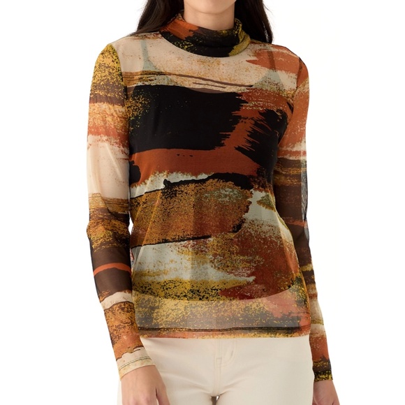 DKNY Mock Neck Long Sleeve Mesh Top. Brown, rust, gold with black shell. Large - Picture 1 of 5